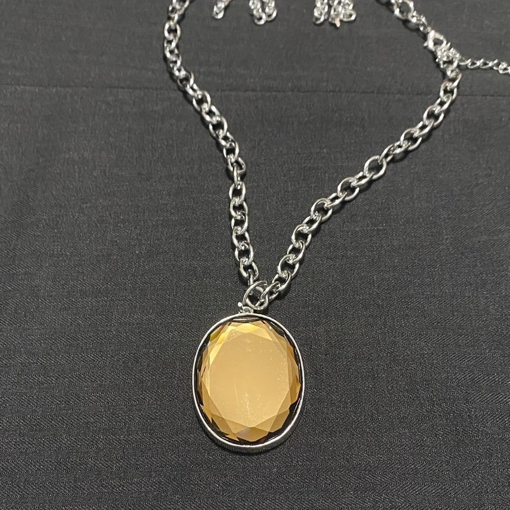 Paparazzi Silver Earings and Chain with Amber Pendant Necklace